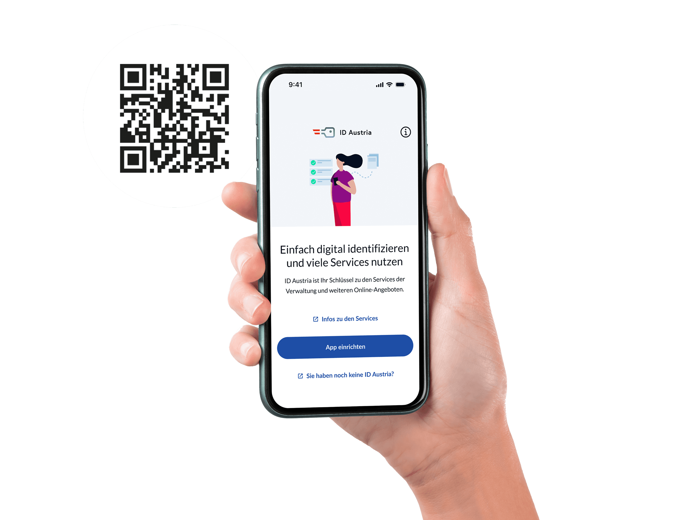 Eine Hand hält ein Smartphone, auf welchem der Startscreen der App „ID Austria“ gezeigt wird