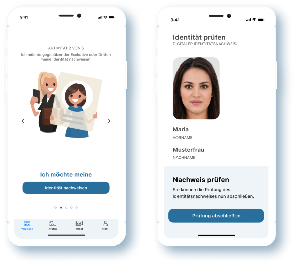 Zwei Screenshots aus der App eAusweise, ein Screenshot zeigt den Nachweis der Identität, der zweite die Prüfung eines Identitätsnachweises