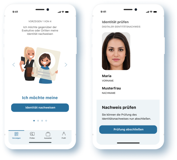 Two screenshots from the app eAusweise: prove identity & check identity